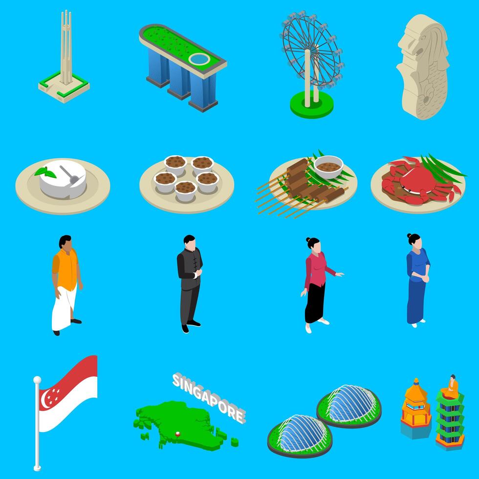 Singapore Travel  Symbols Isometric Icons Set vector