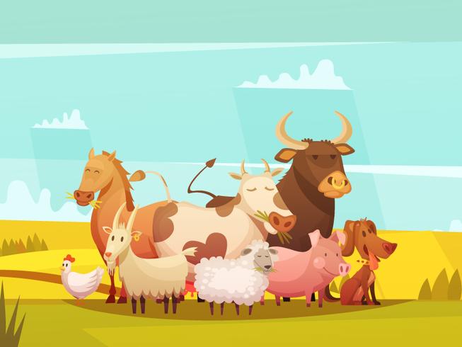 Cartel de dibujos animados de animales de granja en campo vector