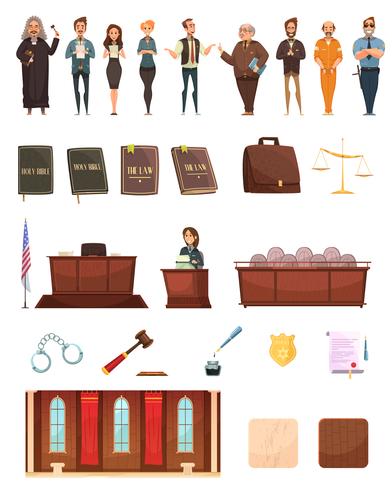 Ley justicia justicia Retro Cartoon Icons Set vector