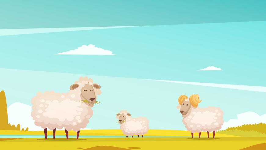 Sheep Grazing On Farmland Cartoon Poster vector