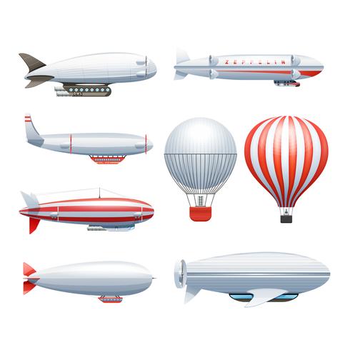 Dirigible Airship White Red Icons Set vector