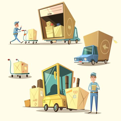 Warehouse retro cartoon set vector