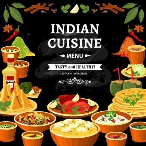 Póster del tablero negro del menú de cocina india vector