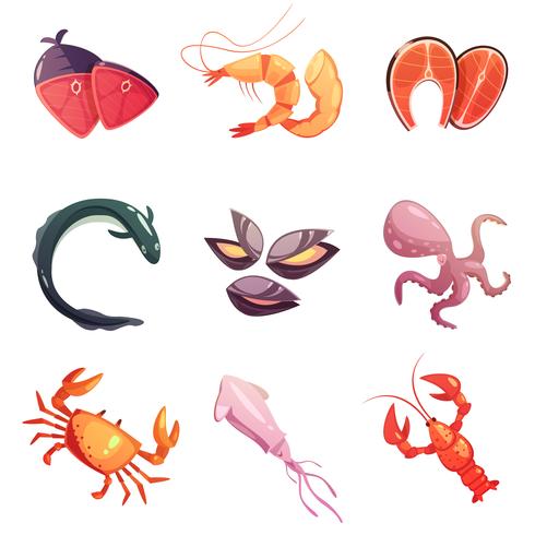 Conjunto de iconos de dibujos animados retro de comida de mar vector