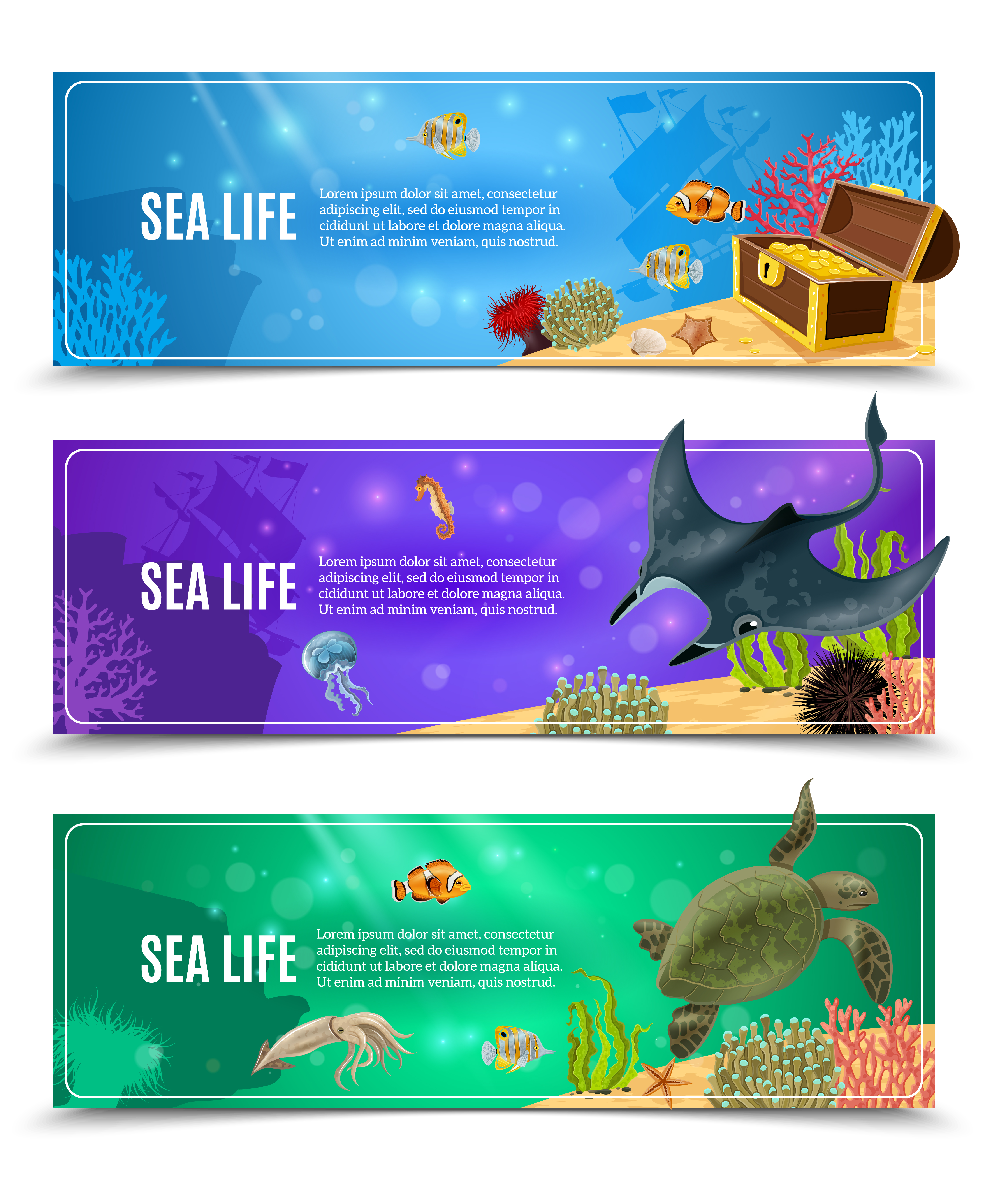 Sea Life Banner Set Download Free Vectors Clipart Graphics