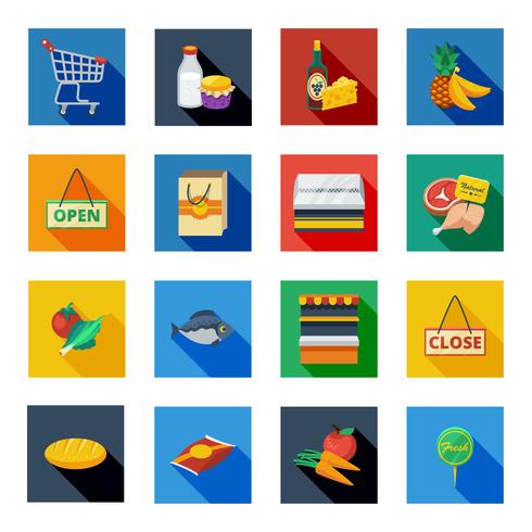 Supermarket Flat Shadow Icons In Colorful Squares vector