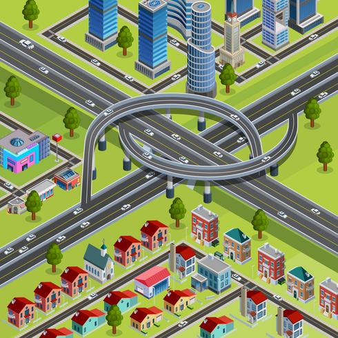 City Roads Junction Interchange Isometric Poster  vector