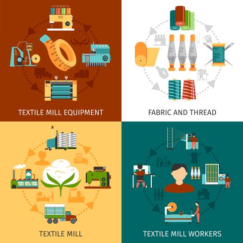 Textile Mill 4 Flat Icons Square vector