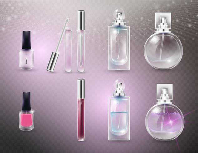 Empty and full glass cosmetic bottles. vector
