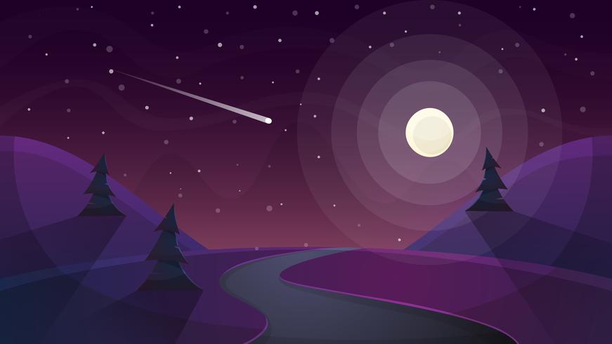 Paisaje de dibujos animados de noche de viaje. Abeto, cometa, estrella, luna, camino enfermo vector