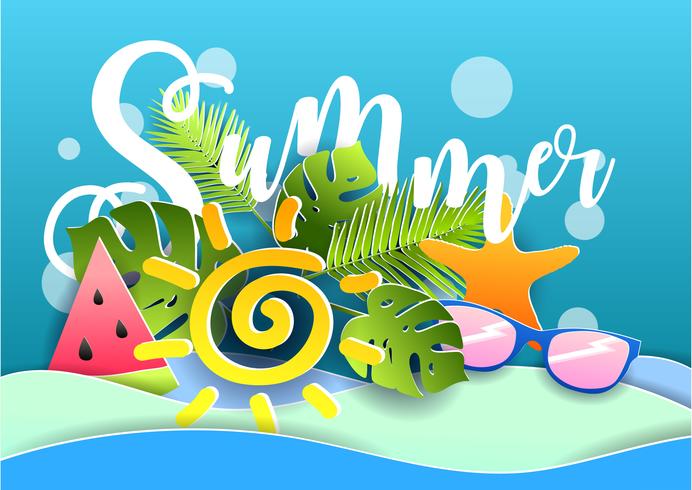 Vector summer poster. Paper cut style.