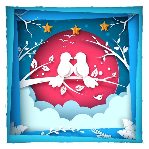 Ilustración de amor de pájaro. Paisaje de papel vector