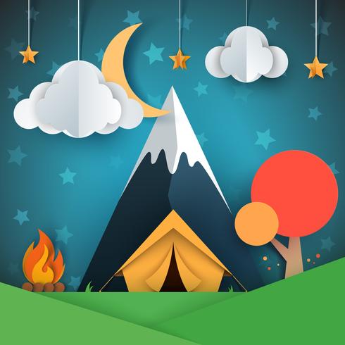 Paisaje de papel de dibujos animados. Árbol, montaña, fuego, carpa, luna, nube estrella ilustración. vector