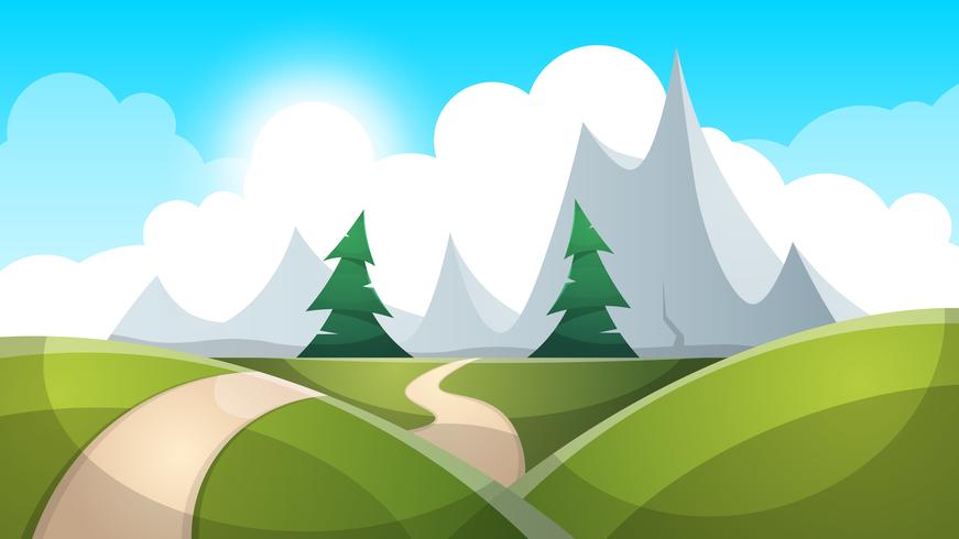 Cartoon landscape illustration. Sun. road, cloud hill vector