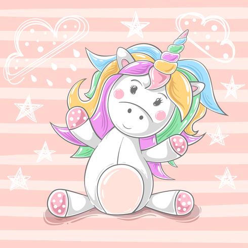 Lindo peluche unicornio - personajes de dibujos animados. vector