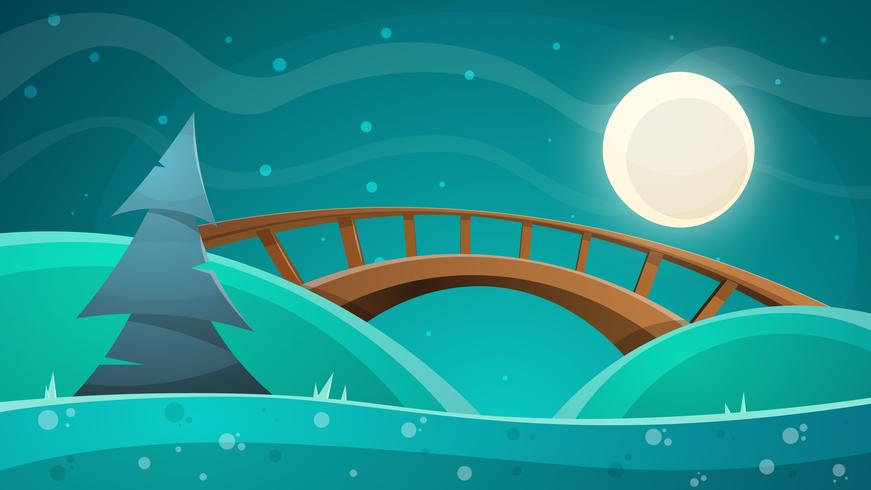 Cartoon night landscape. Moon, bridge, fir, sky illustration vector