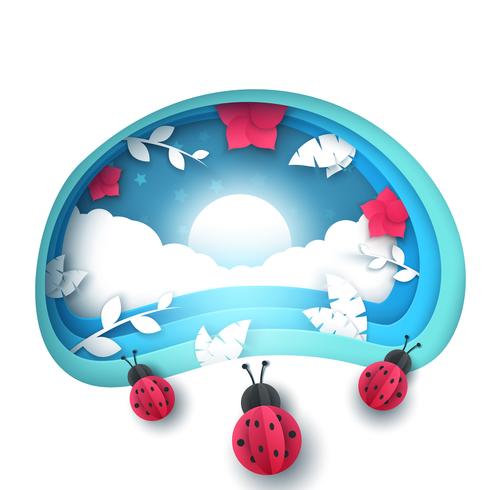 Cartoon paper landscape. Ladybug illustration. vector