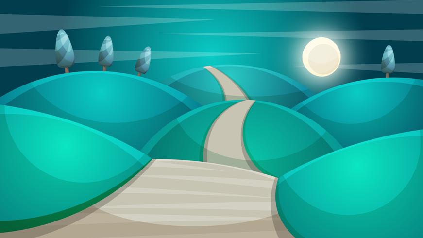 Cartoon night landscape. Fir, moon illustration. Moon and cloud vector