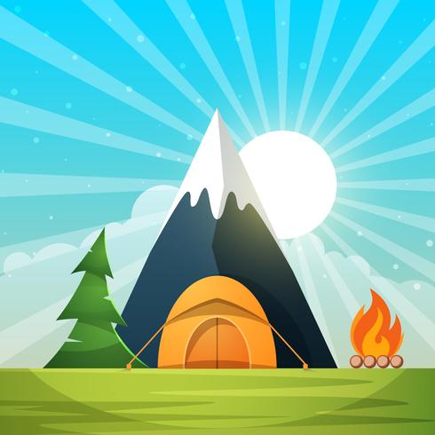 Paisaje de papel de dibujos animados. Árbol, montaña, fuego, carpa, luna, nube, ilustración estrella. vector