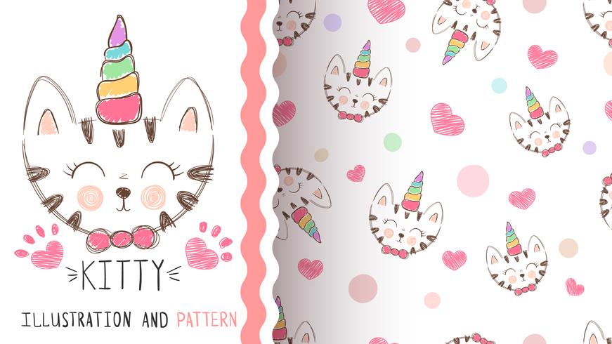 Cute kitty, unicorn - seamless pattern vector