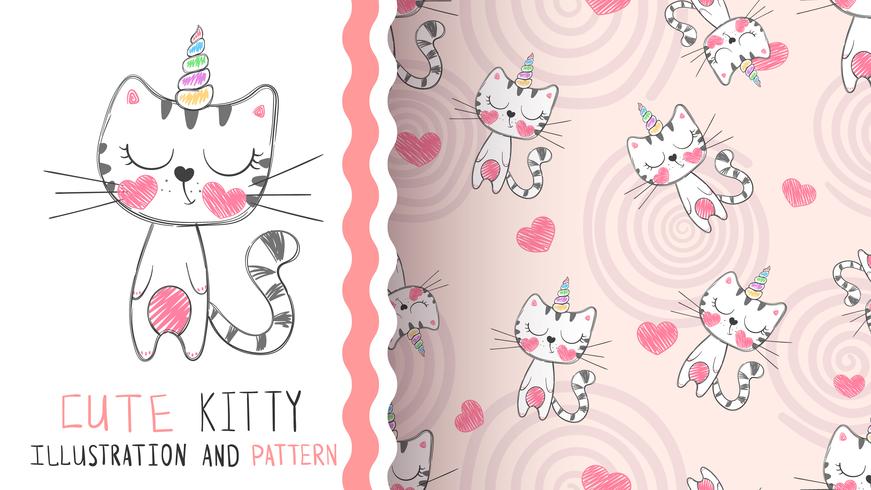 Cute kitty unicorn - seamless pattern. vector