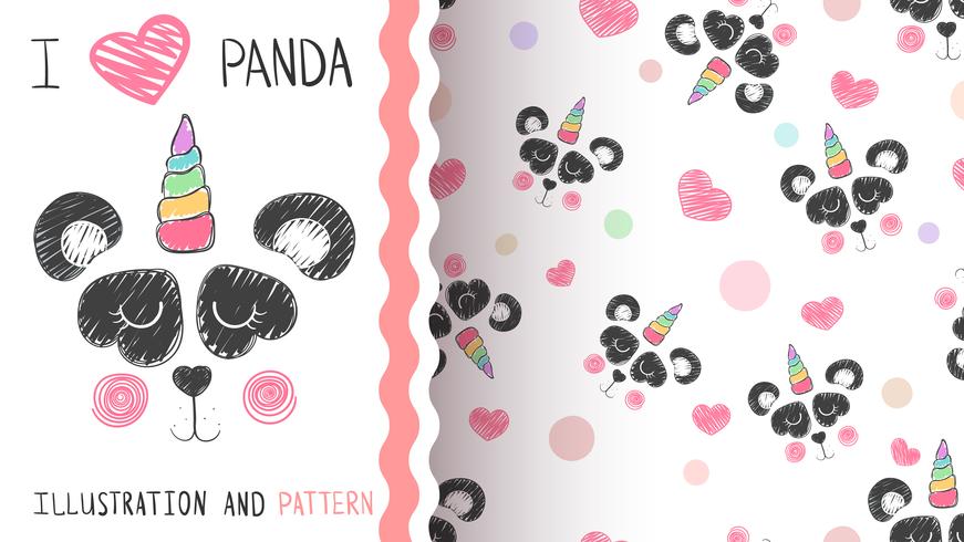 Cute panda, unicorn - seamless pattern. vector