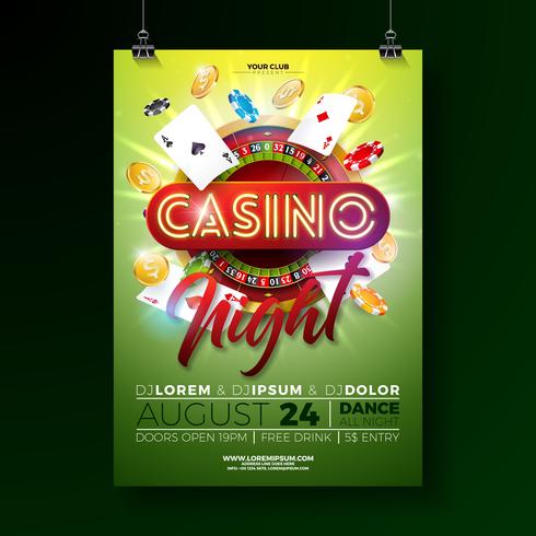 Vector la ilustración del aviador de la noche del casino con los elementos de juego del diseño y las letras brillantes de la luz de neón en fondo verde.