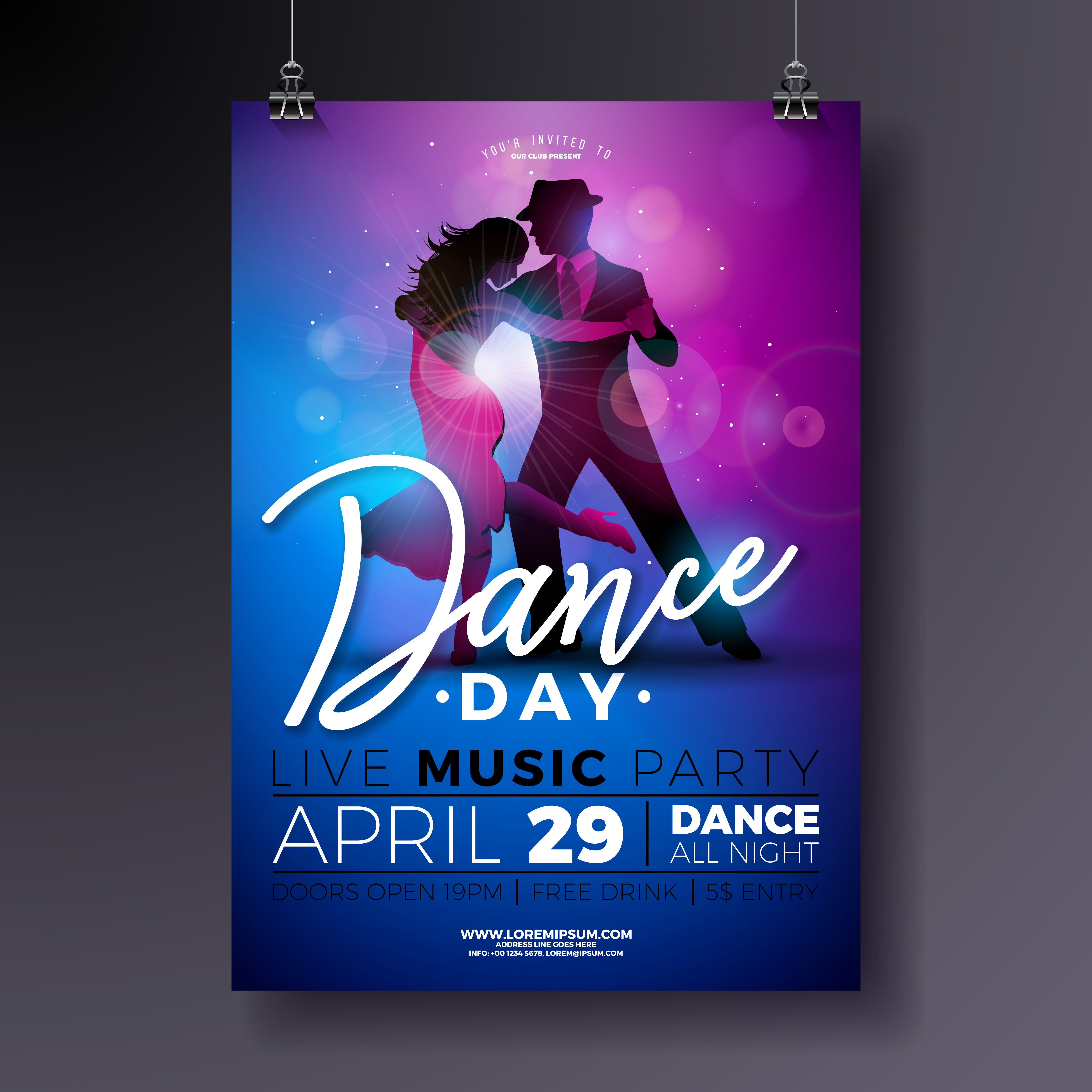 Dance Day Party Flyer design with couple dancing tango on shiny