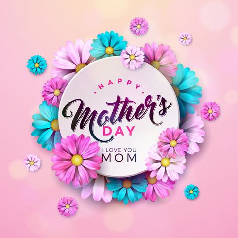 Diseño de tarjeta de felicitación de feliz día de las madres con flores y elementos tipográficos vector