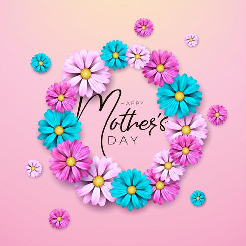 Diseño de tarjeta de felicitación de feliz día de las madres con letra de tipografía y flor vector