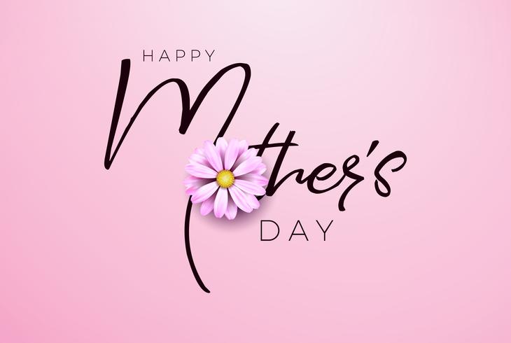 Diseño feliz de la tarjeta de felicitación del día de madres con la letra de la flor y de la tipografía en fondo rosado. vector