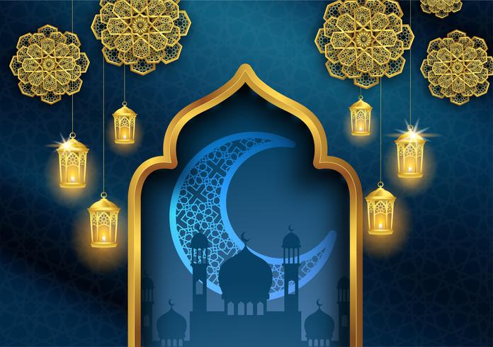 Ramadán Kareem o eid mubarak diseño de tarjeta de felicitación islámica con linterna de oro y luna creciente vector