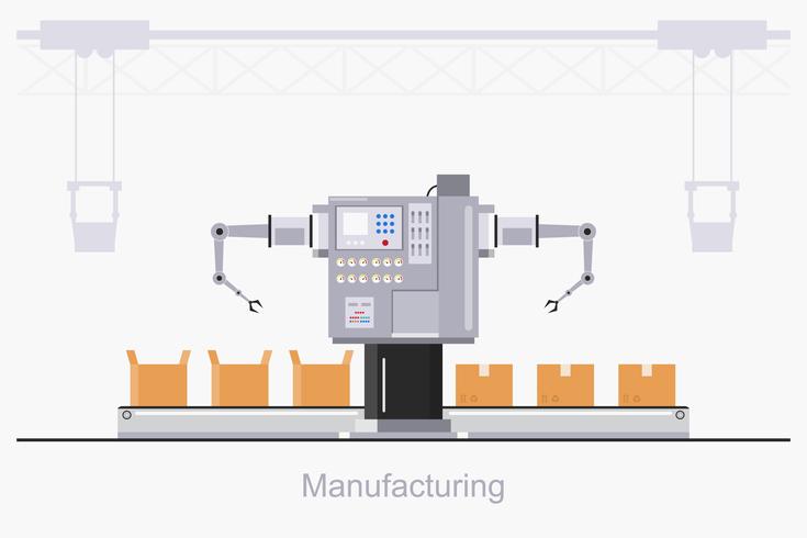 Fábrica industrial inteligente en un estilo plano con trabajadores, robots y líneas de ensamblaje. vector