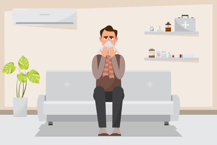 sick man having a cold and  running nose in room vector