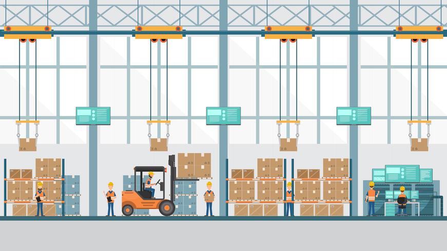 smart industrial factory in a flat style with workers, robots and assembly line packing. vector