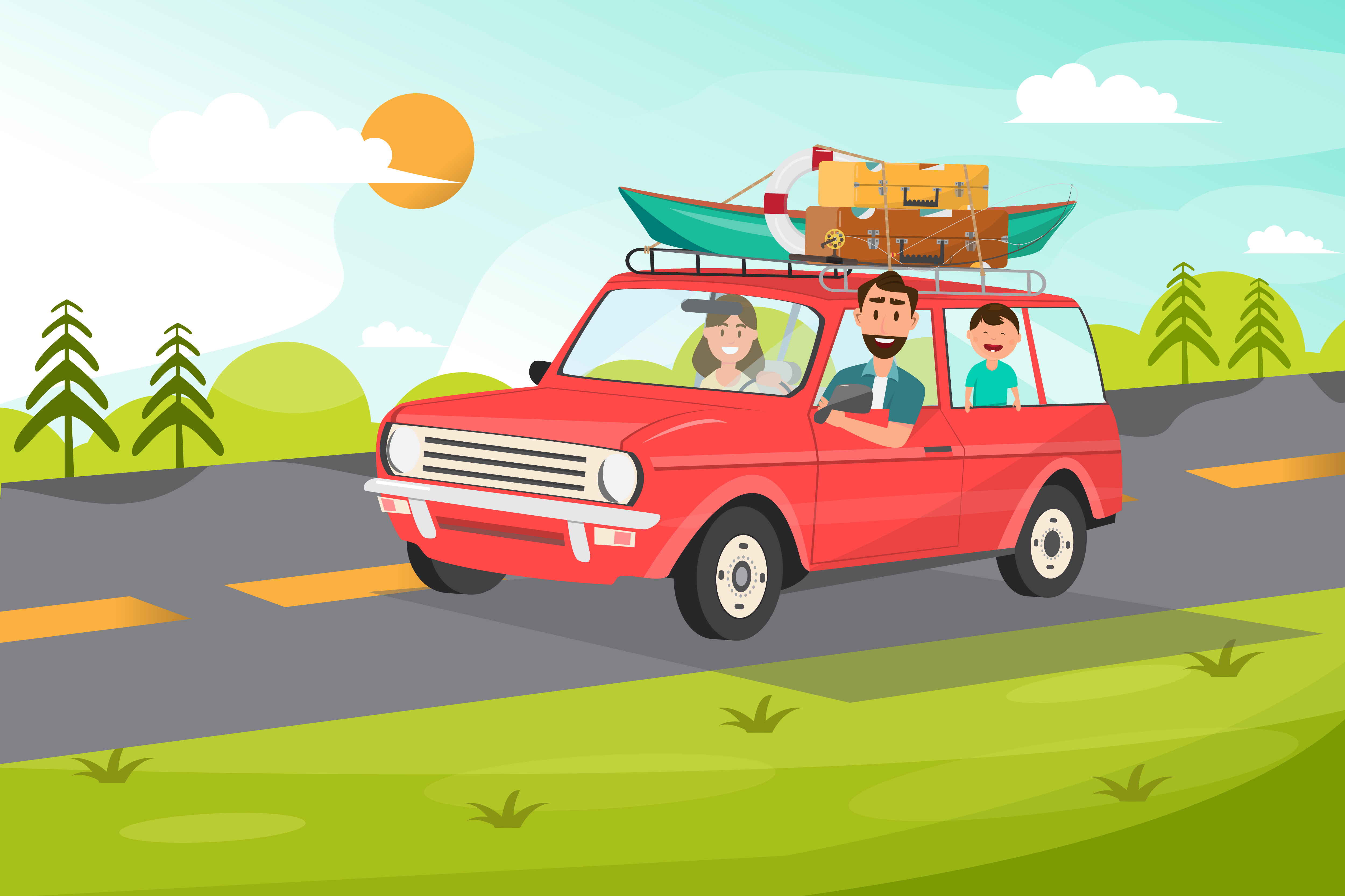 Happy family. Father, mother and children going to travel by car with ...