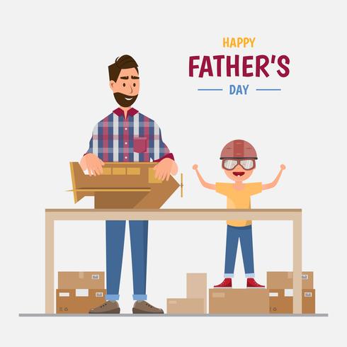 Feliz Día del Padre. Papá y su hijo haciendo un avión desde la caja. vector