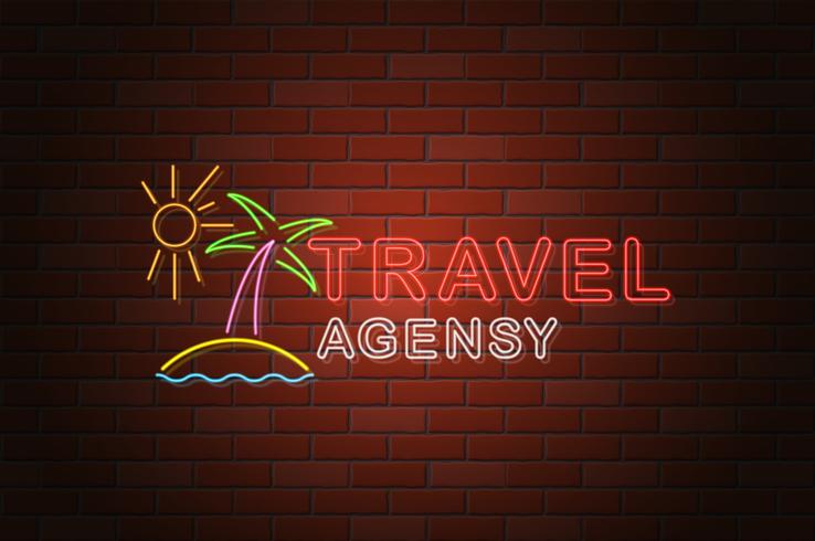 glowing neon signboard travel agency vector illustration