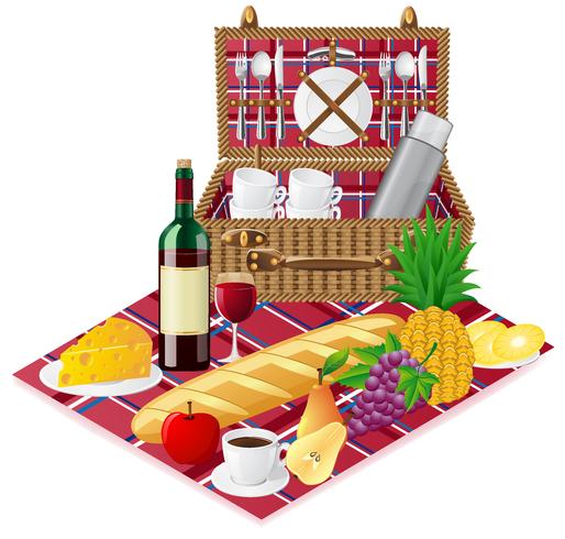 Cesta para un picnic con vajilla y alimentos. vector