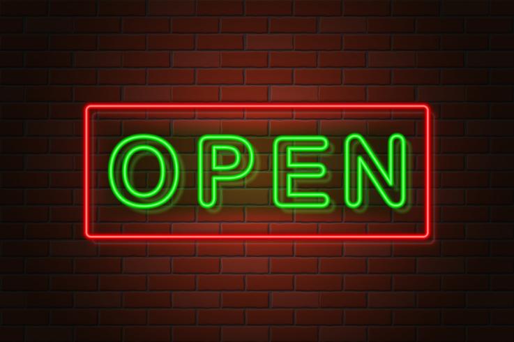 glowing neon signboard open vector illustration