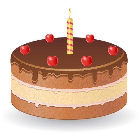 chocolate cake with cherries and burning candle vector illustration