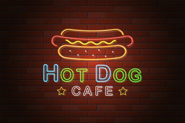 Ilustración de vector de neón brillante letrero hotdog café