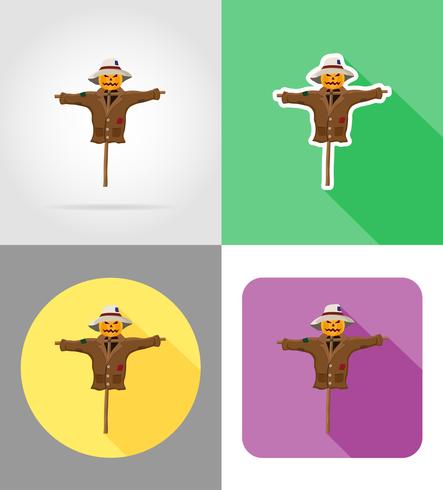 Paja de espantapájaros en un abrigo y un sombrero iconos planos vector ilustración