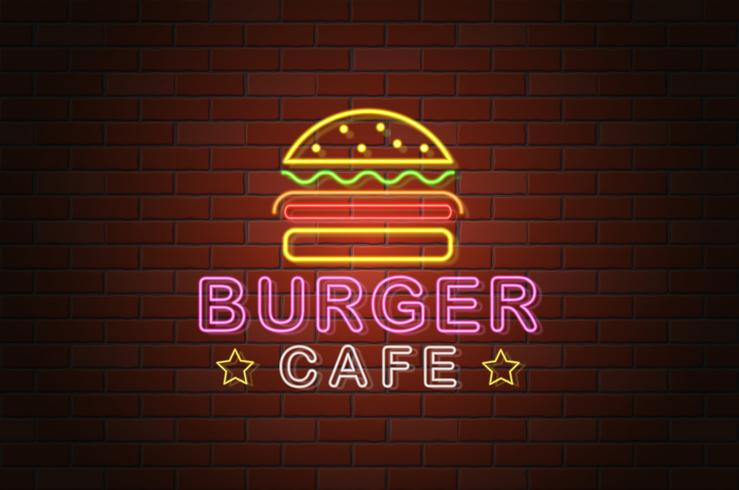 Ilustración de vector de neón brillante letrero hamburguesa cafetería