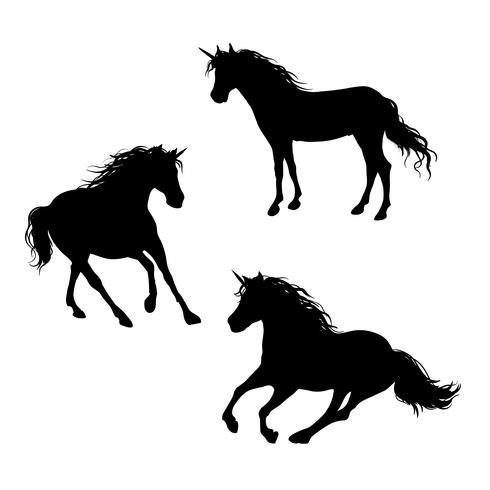 A set of unicorn silhouettes in motion with a beautiful mane. vector