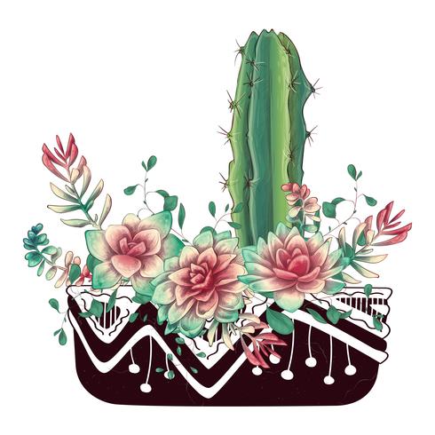 Tarjeta con cactus y conjunto de suculentas. Plantas del desierto. vector