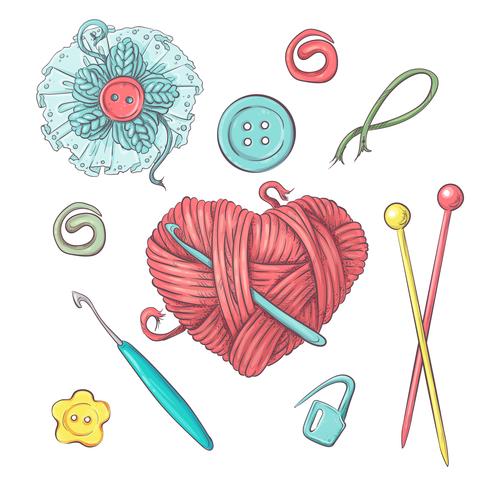 Set for handmade ball of yarn and accessories for crocheting and knitting. vector