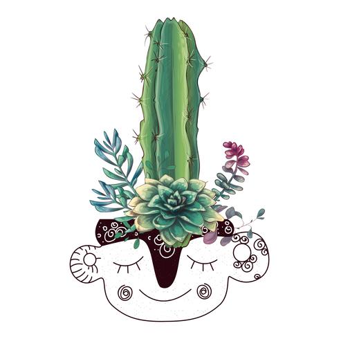 Tarjeta con cactus y conjunto de suculentas. Plantas del desierto. vector