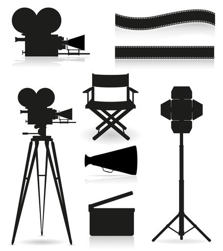 establecer iconos silueta cinematografía cine y película vector ilustración