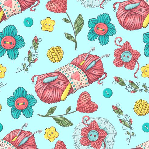 Cute seamless pattern of balls of yarn, buttons, skeins of yarn or knitting and crocheting. vector